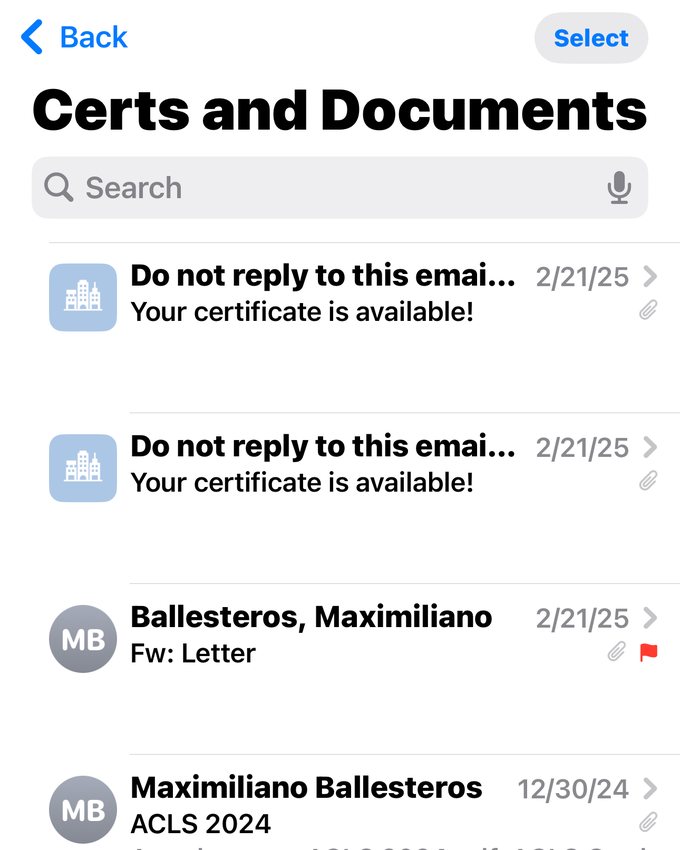 An email folder named Certs and Documents holding duplicate certificate notices.